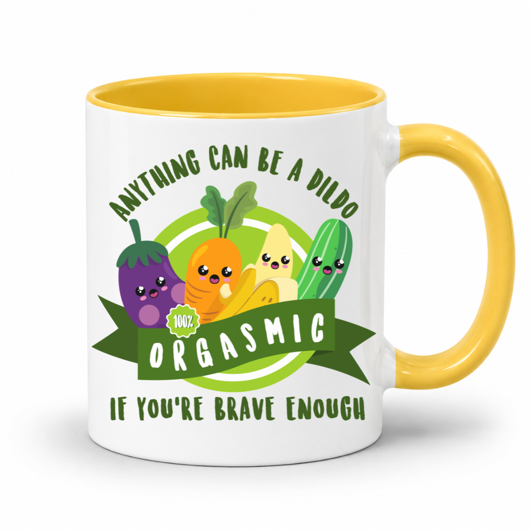 A white mug with a yellow inner and handle, featuring an image of smiling cartoon vegetables and the words "Anything Can Be a Dildo If You're Brave Enough", Grab yours from from Coffee & moo nz.