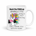 Back the Fuck Up Sparkle Tits Unicorn Mug featuring an unimpressed unicorn with a rainbow mane raising its middle fingers, from Coffee and Moo.