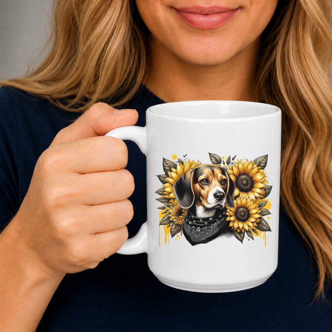 A woman holding a white ceramic mug with a printed graphic of a beagle dog surrounded by yellow sunflowers and a black bandana. Grab your mug from Coffee and Moo NZ.