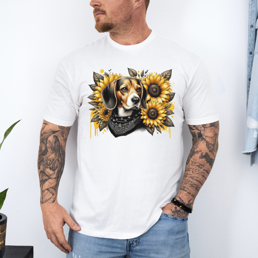 A man wearing a white crewneck t-shirt with a graphic print of a beagle dog surrounded by yellow sunflowers, paired with blue jeans. Grab your tee from Coffee and Moo.