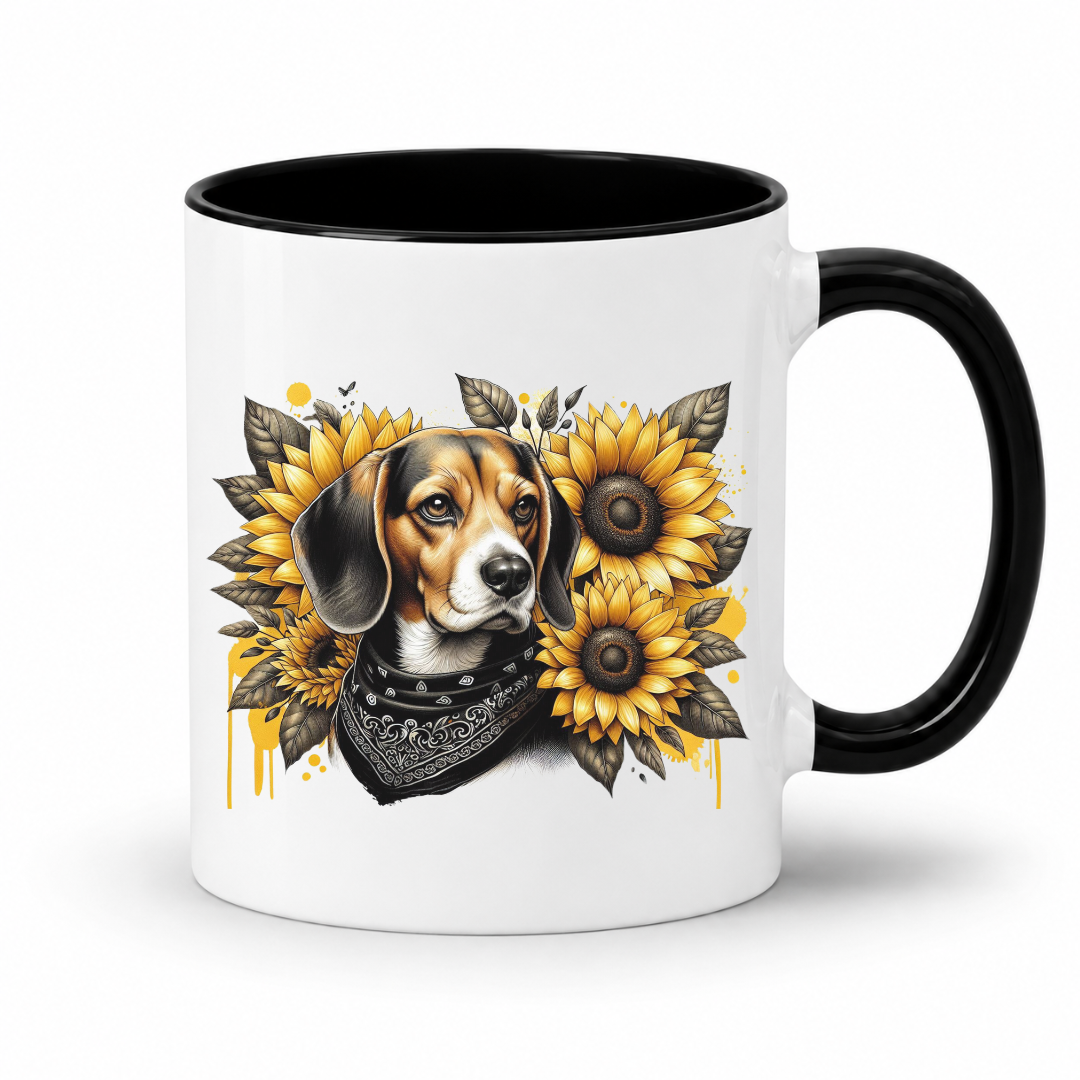 A white ceramic coffee mug with a black interior and black handle, featuring a graphic print of a beagle dog wearing a bandana and surrounded by yellow sunflowers. Grab your mug from Coffee and Moo NZ.