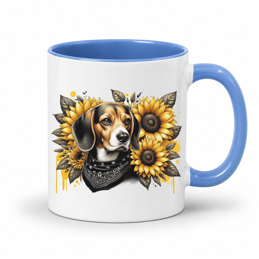 A white ceramic mug with a blue interior and handle, featuring a graphic print of a beagle dog wearing a bandana surrounded by yellow sunflowers. Grab your mug from Coffee and Moo NZ.