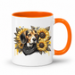 A white ceramic mug with a bright orange handle and interior, featuring a printed graphic of a beagle dog wearing a black bandana surrounded by yellow sunflowers. Grab your mug from Coffee and Moo NZ.