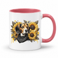 A white ceramic mug with a pink interior and handle, featuring a graphic print of a beagle dog wearing a bandana and surrounded by yellow sunflowers. Grab your mug from Coffee and Moo NZ.