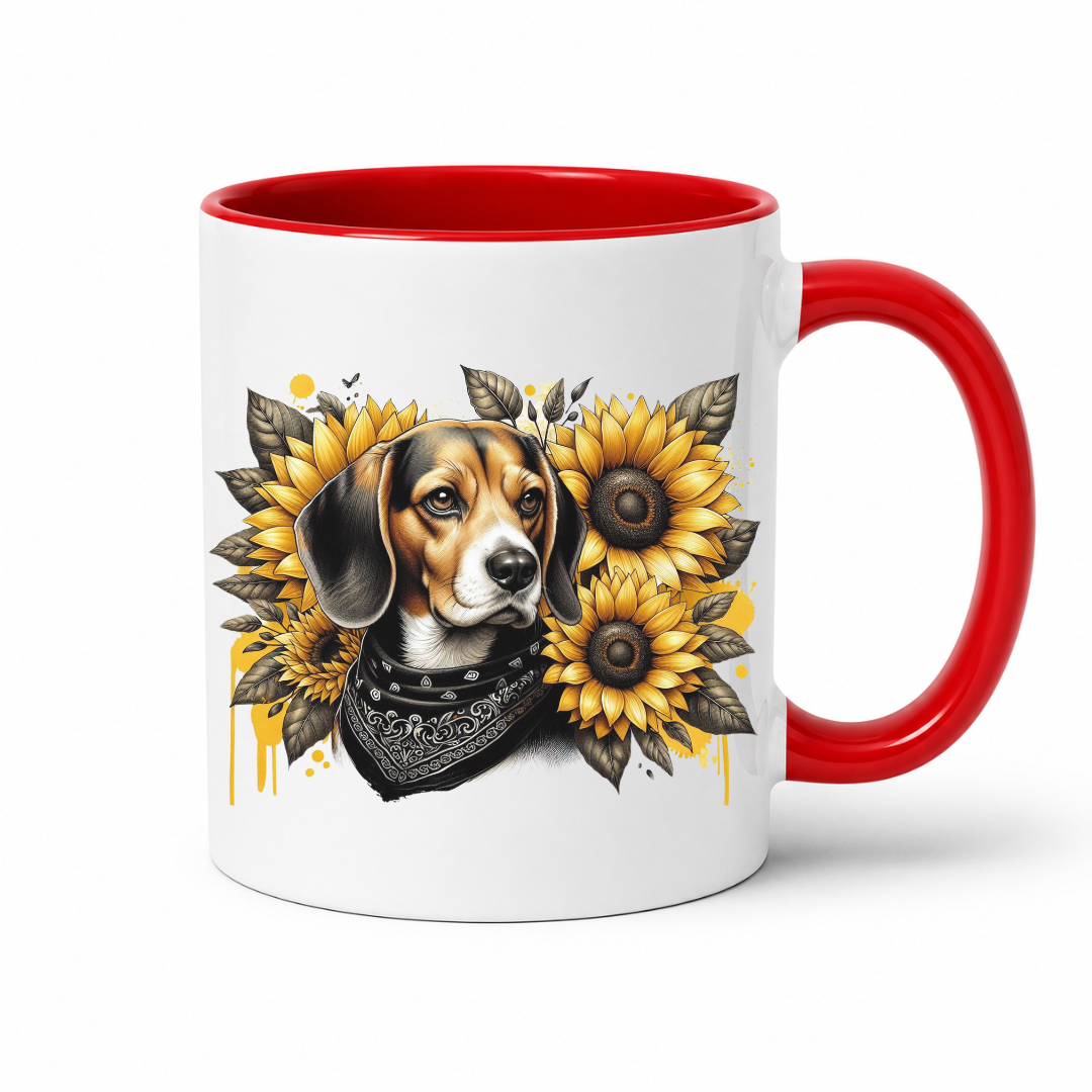 A white ceramic mug with a red interior and red handle, featuring a graphic print of a beagle dog wearing a bandana and surrounded by yellow sunflowers, on a white background. Grab your mug from Coffee and Moo NZ.