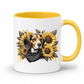 A white ceramic mug with a bright yellow interior and handle, featuring a graphic print of a beagle dog wearing a black bandana and surrounded by yellow sunflowers. Grab your mug from Coffee and Moo NZ.