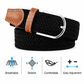 Black woven elastic belt with a silver metal buckle and brown leather tip, shown on a white background with feature icons below for breathable, stretch, comfortable, and easy adjustment.