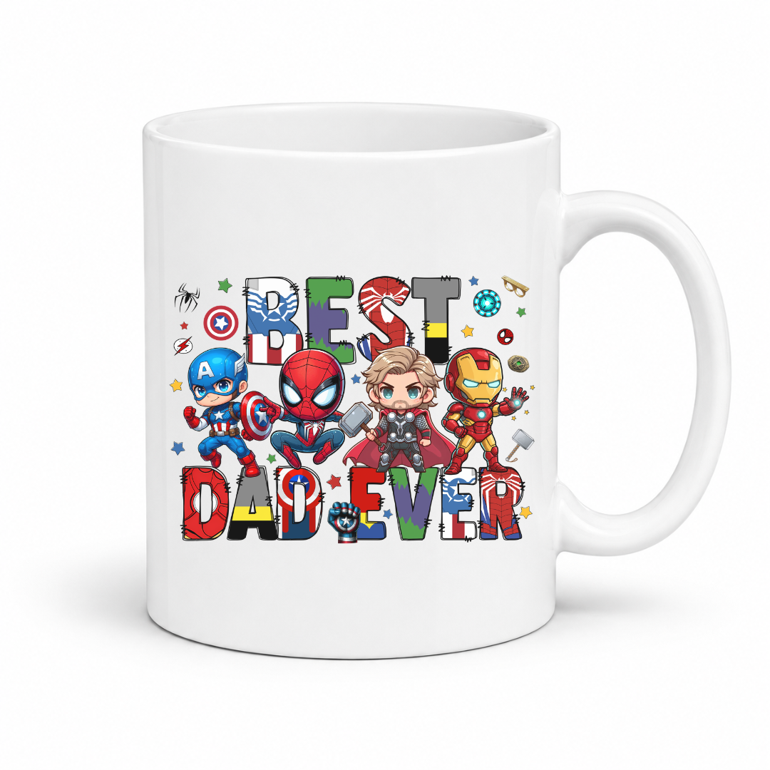 Best Dad Ever Superhero Ceramic Mug featuring bold lettering and chibi-style superhero characters, grab yours from Coffee and Moo.