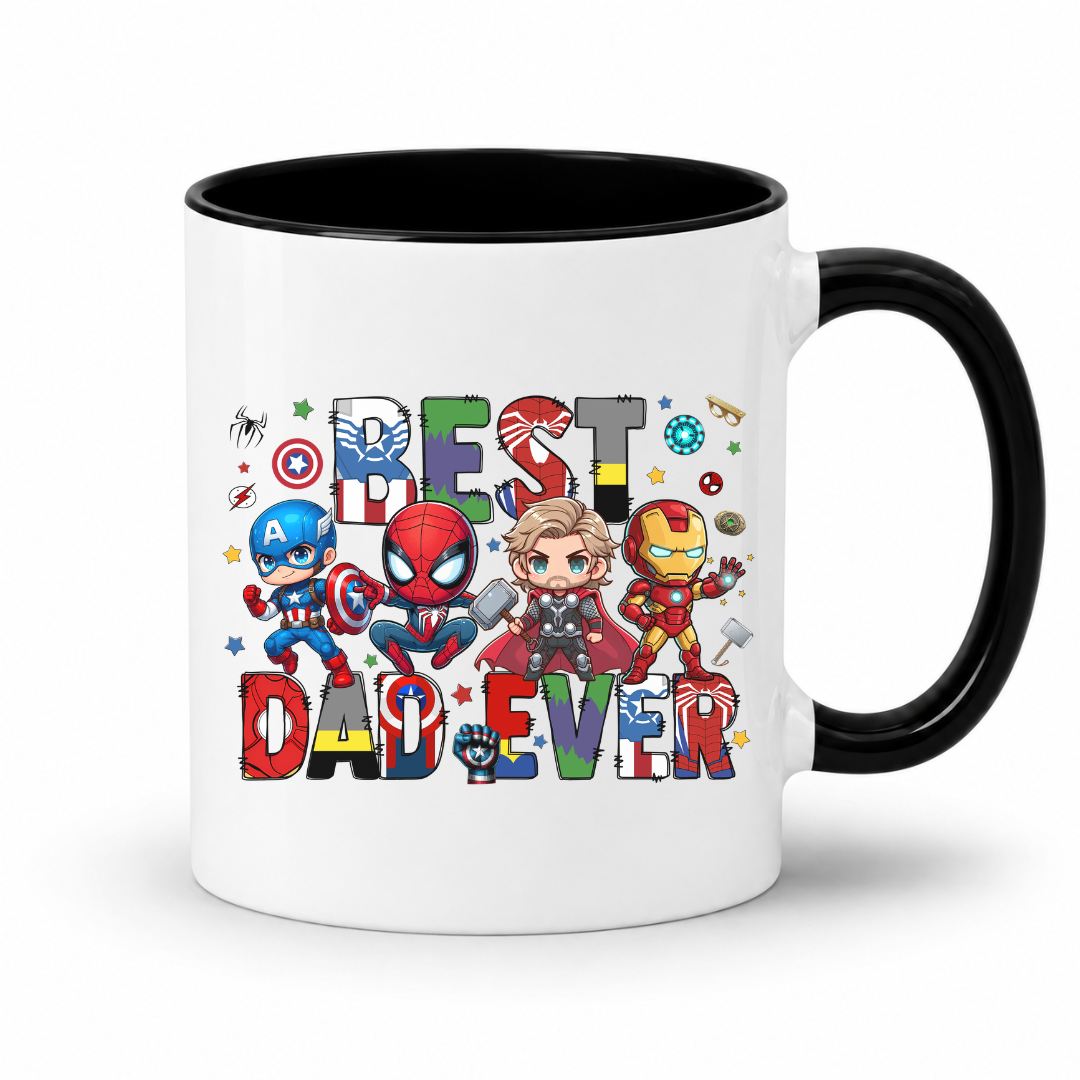 A white ceramic coffee mug with a black interior and black handle, featuring a colorful graphic that reads 'BEST DAD EVER' with cartoon Chibi Marvel superheroes including Captain America, Spider-Man, Thor, and Iron Man on a white background. Grab yours from Coffee and Moo.
