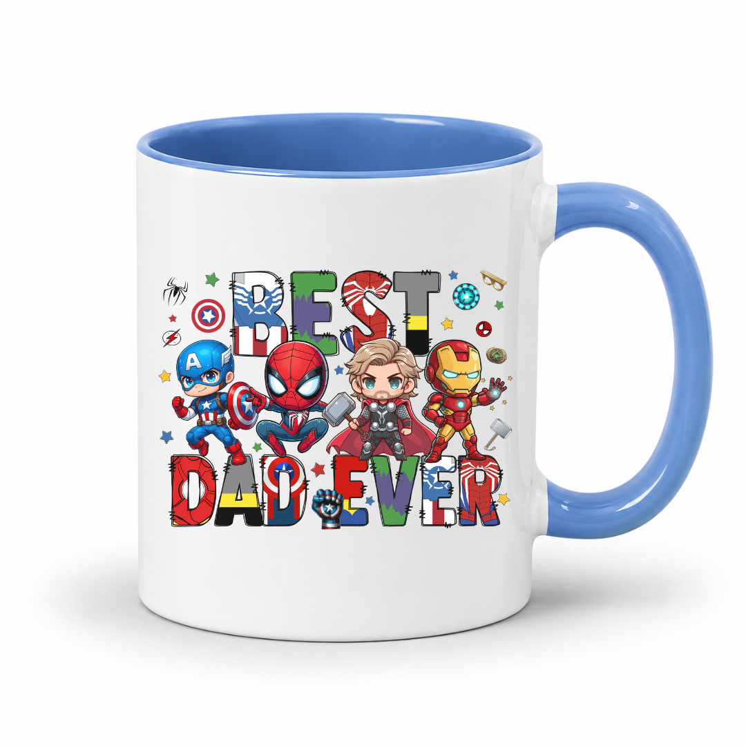 A white ceramic mug with a blue interior and handle, featuring a colorful 'BEST DAD EVER' graphic with chibi Marvel superheroes including Captain America, Spider-Man, Thor, and Iron Man. Grab yours from Coffee and Moo.