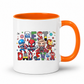 A white ceramic mug with a bright orange interior and handle, featuring a colorful graphic of chibi Marvel superheroes and the text 'BEST DAD EVER'. Grab yours from Coffee and Moo.