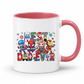 A white ceramic mug with a pink interior and handle, featuring a colorful 'BEST DAD EVER' graphic with chibi-style Marvel superheroes including Captain America, Spider-Man, Thor, and Iron Man on the front. Grab yours from Coffee and Moo.