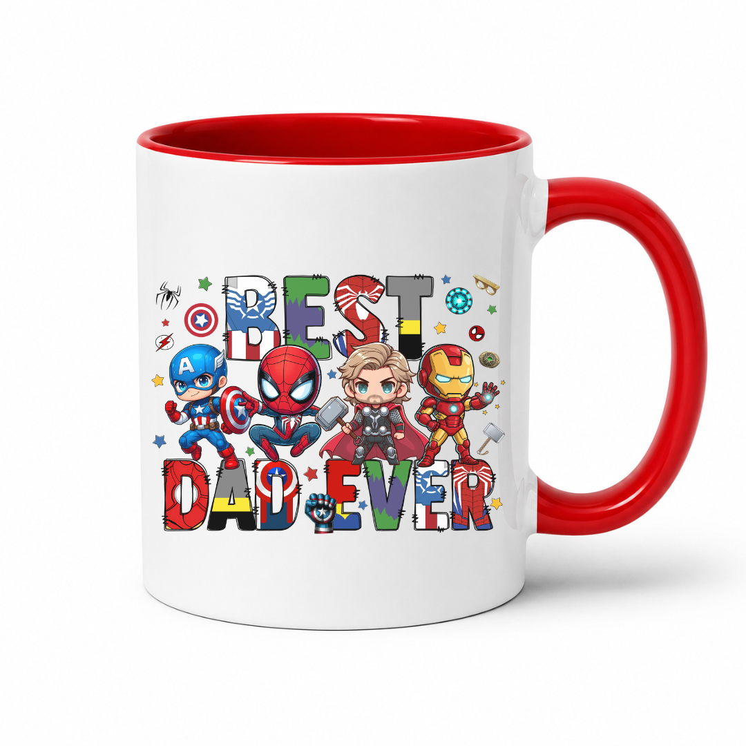 A white ceramic coffee mug with a red interior and red handle, featuring a colorful 'BEST DAD EVER' graphic with cartoon Marvel superheroes including Captain America, Spider-Man, Thor, and Iron Man. Grab yours from Coffee and Moo.