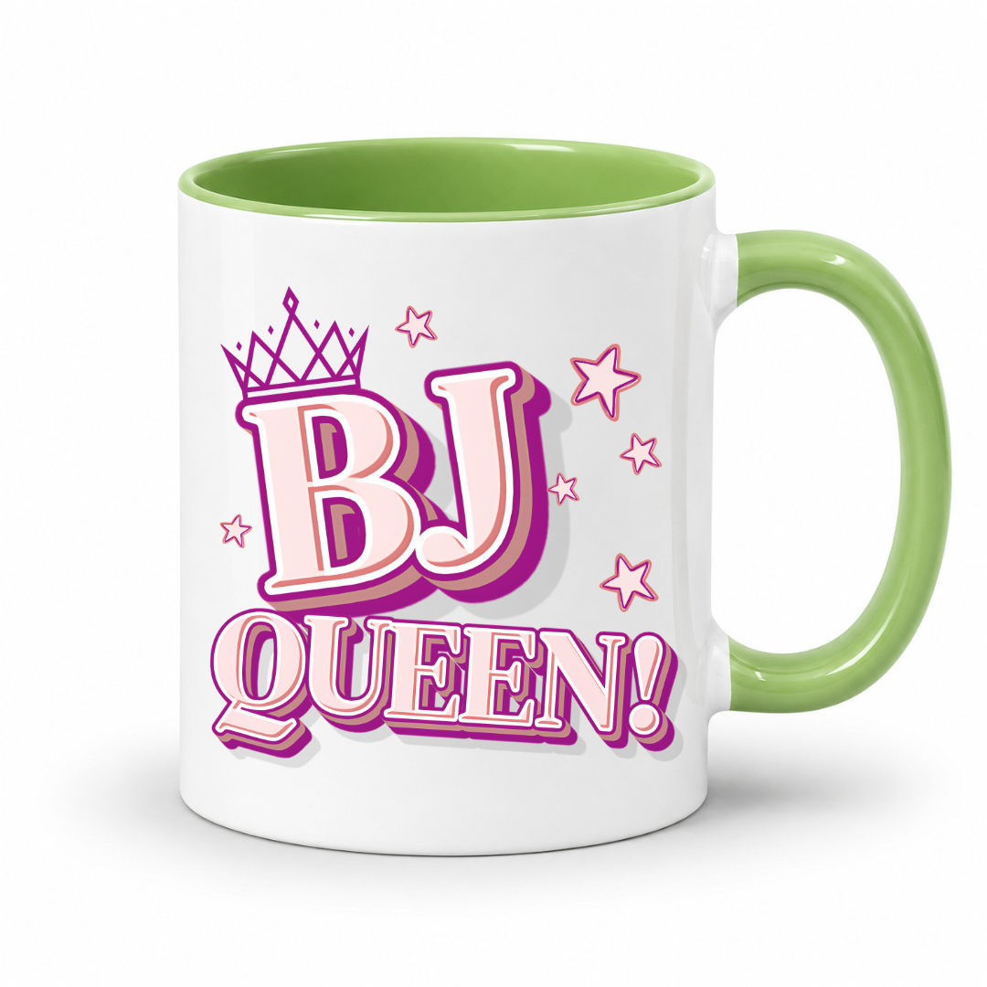 White mug with a green inner and handle featuring bold pink and purple BJ Queen lettering, a crown and scattered stars, from Coffee and Moo.