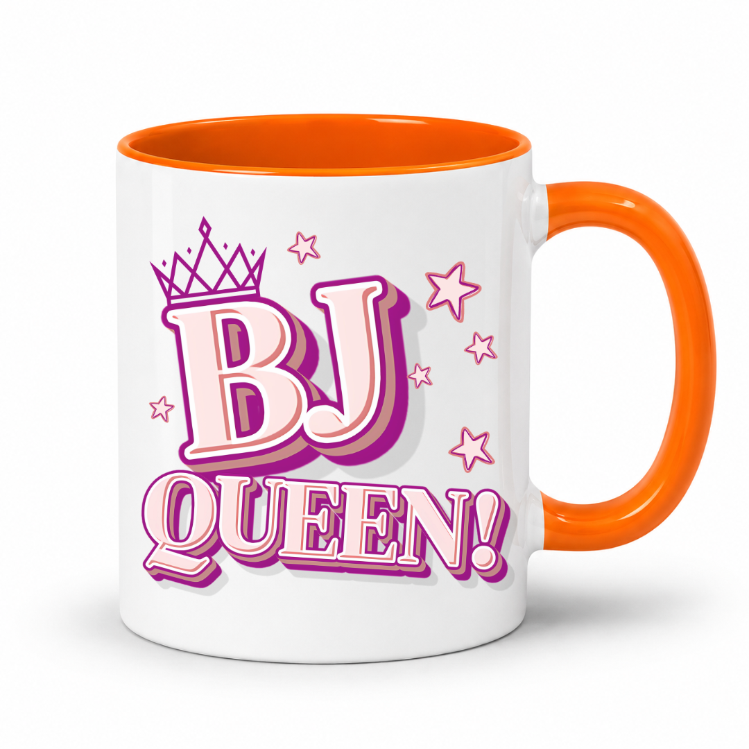 White mug with a orange inner and handle featuring bold pink and purple BJ Queen lettering, a crown and scattered stars, from Coffee and Moo.