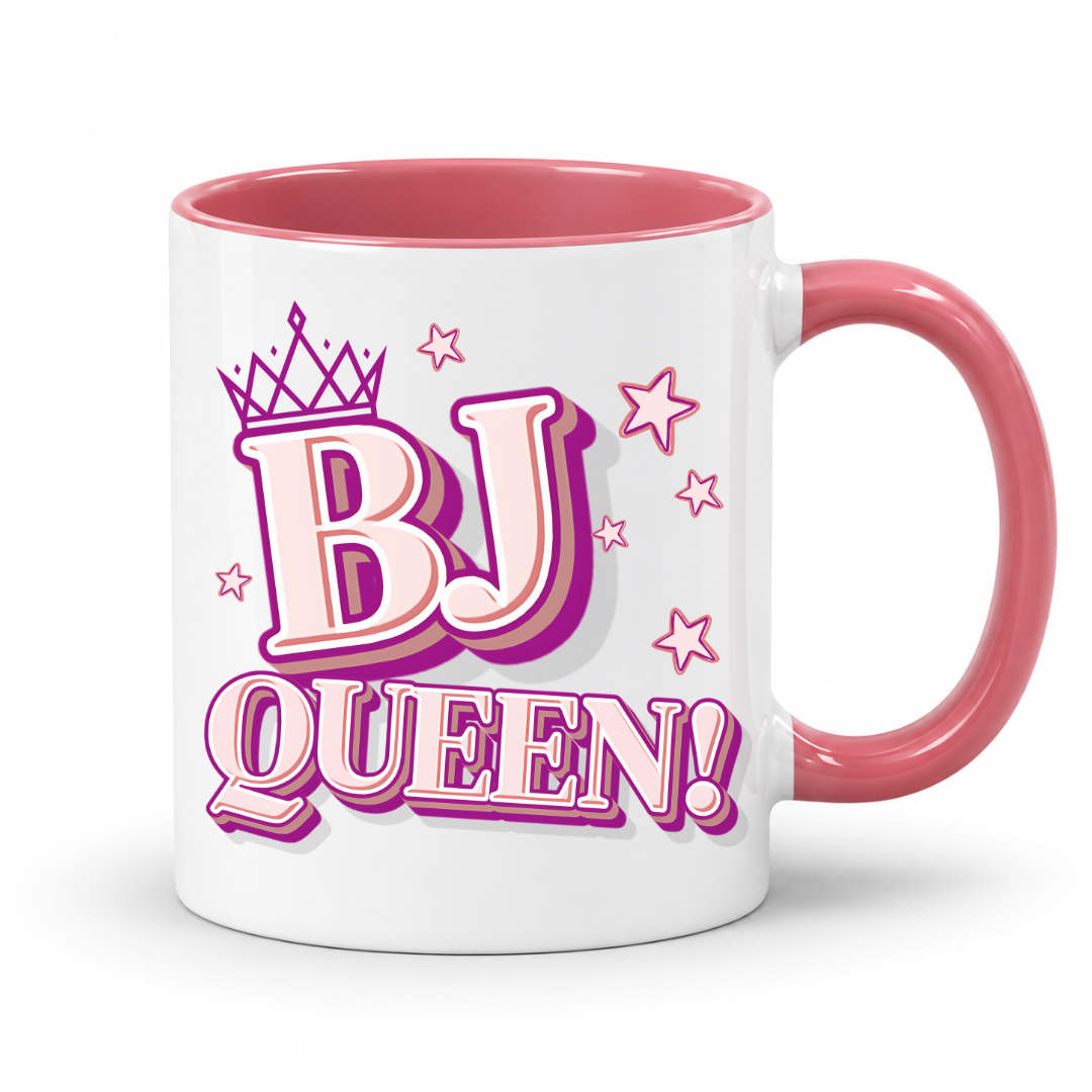 White mug with a pink inner and handle featuring bold pink and purple BJ Queen lettering, a crown and scattered stars, from Coffee and Moo.