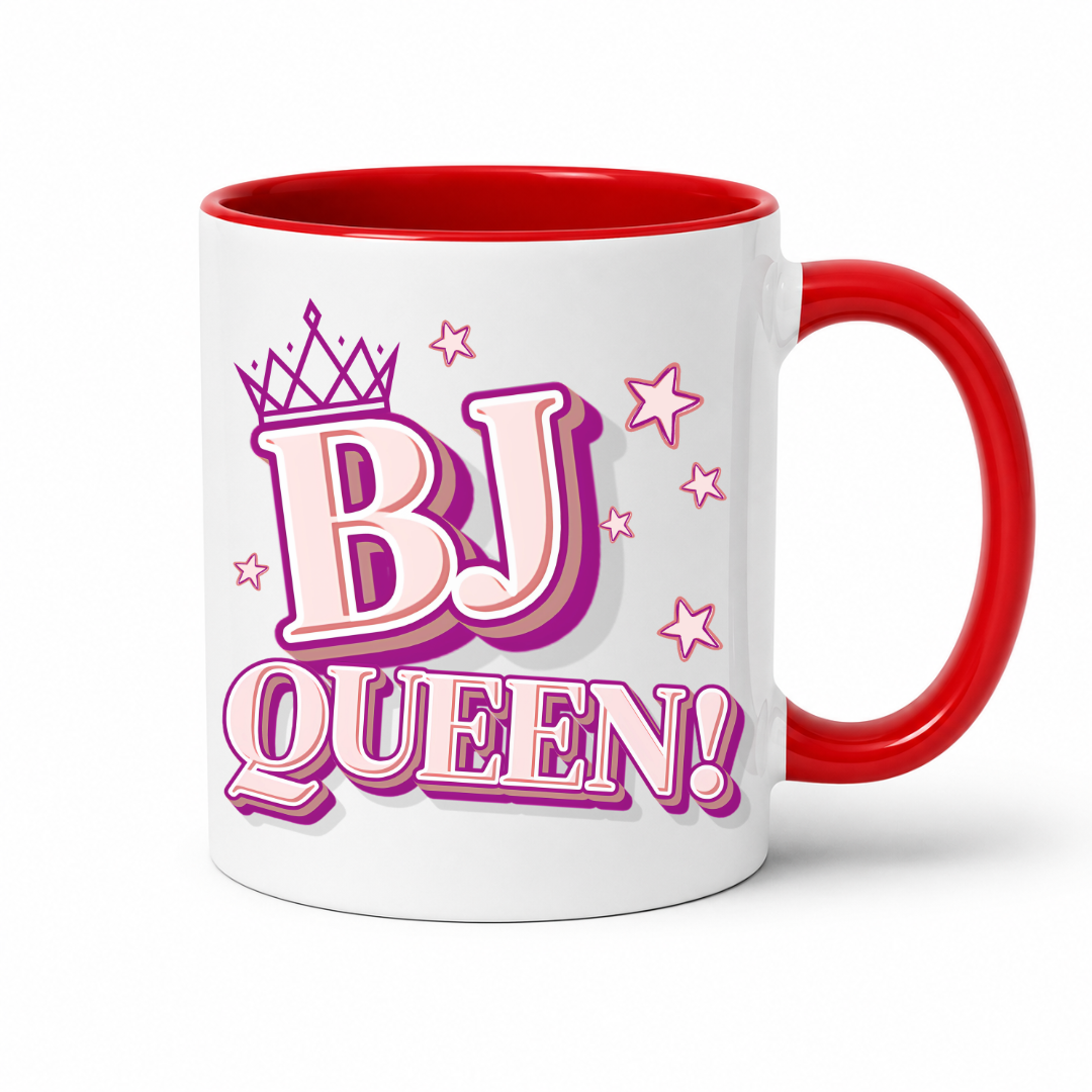 White mug with a red inner and handle featuring bold pink and purple BJ Queen lettering, a crown and scattered stars, from Coffee and Moo.
