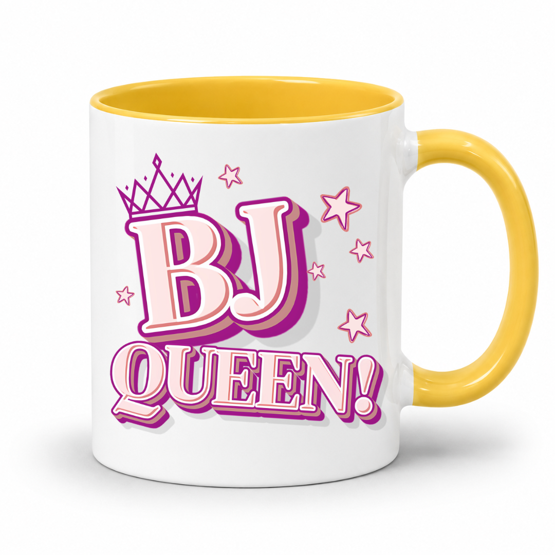 White mug with a yellow inner and handle featuring bold pink and purple BJ Queen lettering, a crown and scattered stars, from Coffee and Moo.