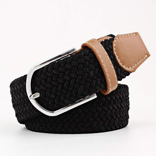 black woven belt with a brown faux leather trim and silver buckle on a white background. Purchase from Coffee and Moo