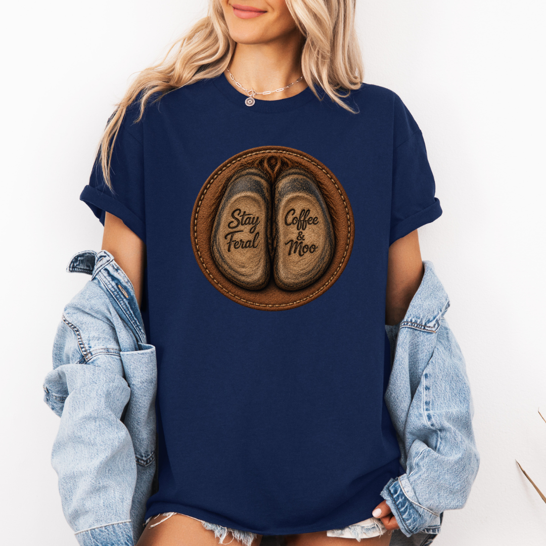 A woman wearing a navy graphic t-shirt with a circular design of two cow hooves reading 'Stay Feral' and 'Coffee & Moo'. She has a light blue denim jacket off her shoulders and is wearing denim shorts against a plain white background. Grab your official Coffee & Moo brand tee from Coffee and Moo NZ.