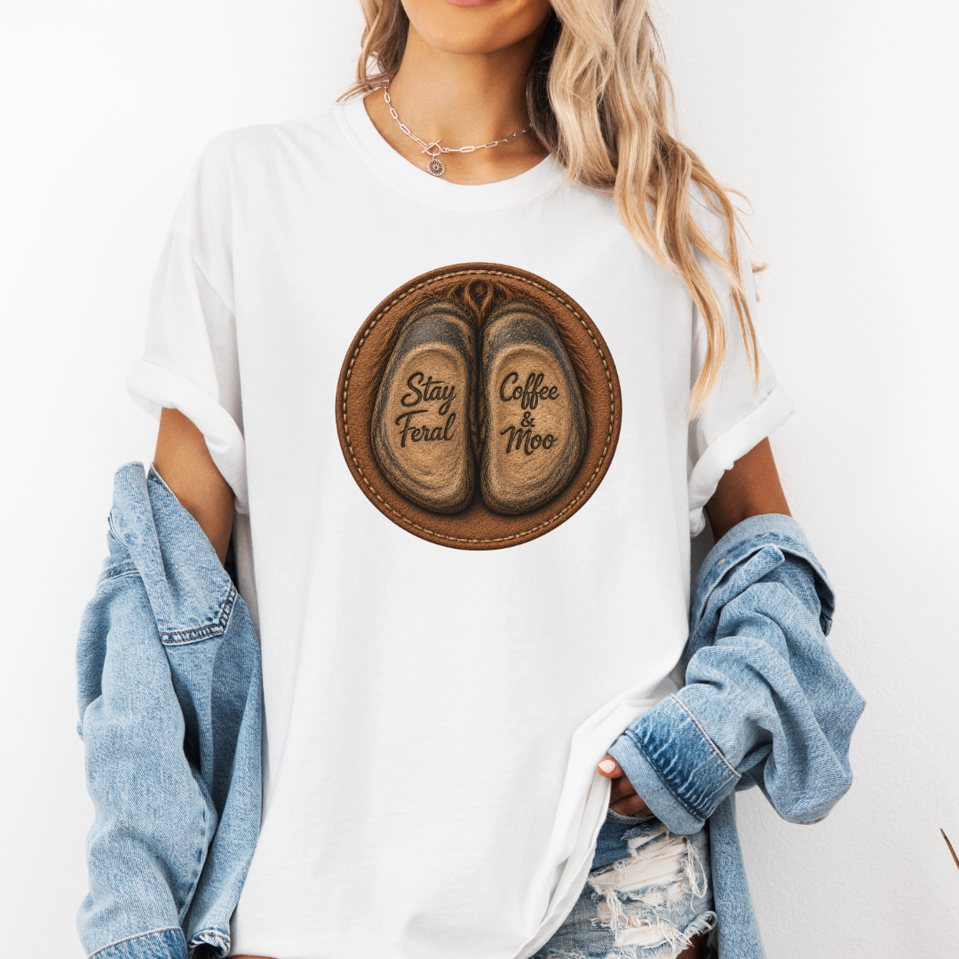 A woman wearing a white graphic t-shirt with a circular design of two cow hooves reading 'Stay Feral' and 'Coffee & Moo'. She has a light blue denim jacket off her shoulders and is wearing denim shorts against a plain white background. Grab your official Coffee & Moo brand tee from Coffee and Moo NZ.