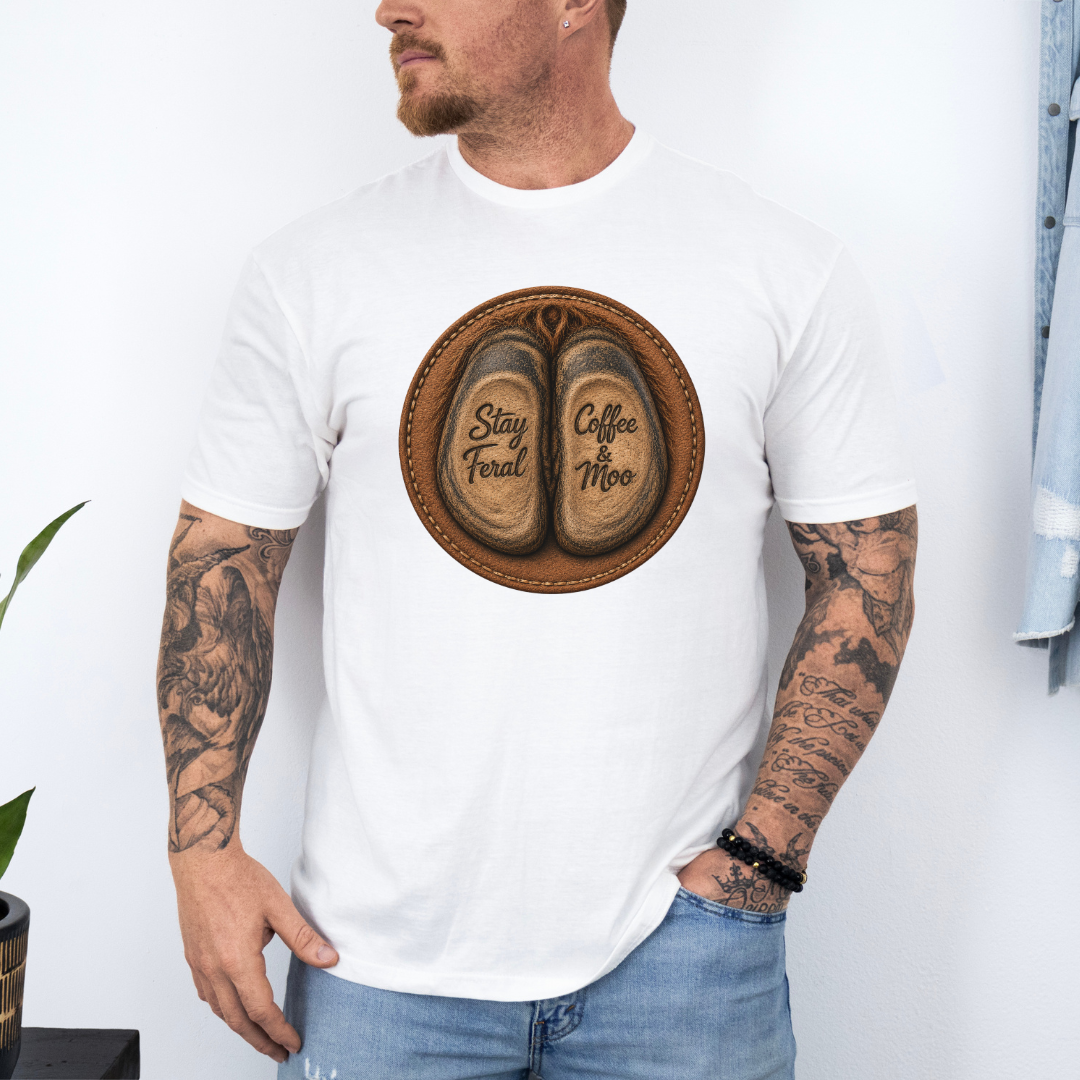 A man wearing a white short-sleeve graphic t-shirt with a circular print of two brown cow hooves reading 'Stay Feral' and 'Coffee Moo'.  Grab your official Coffee & Moo brand tee from Coffee and Moo NZ.