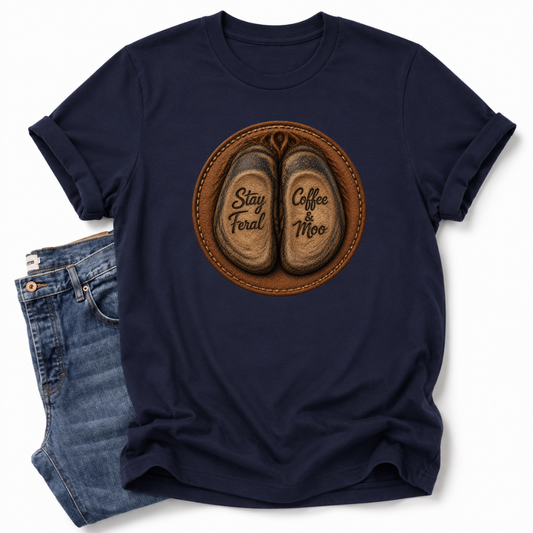 A navy blue short-sleeve t-shirt with a circular graphic of two brown cow hooves reading 'Stay Feral Coffee & Moo' imprinted in the hooves, styled flat-lay next to a pair of blue jeans on a white background. Grab your official Coffee & Moo brand tee from Coffee and Moo NZ.