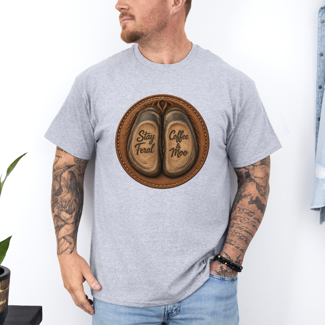 A man wearing a grey short-sleeve graphic t-shirt with a circular print of two brown cow hooves reading 'Stay Feral' and 'Coffee Moo'.  Grab your official Coffee & Moo brand tee from Coffee and Moo NZ.