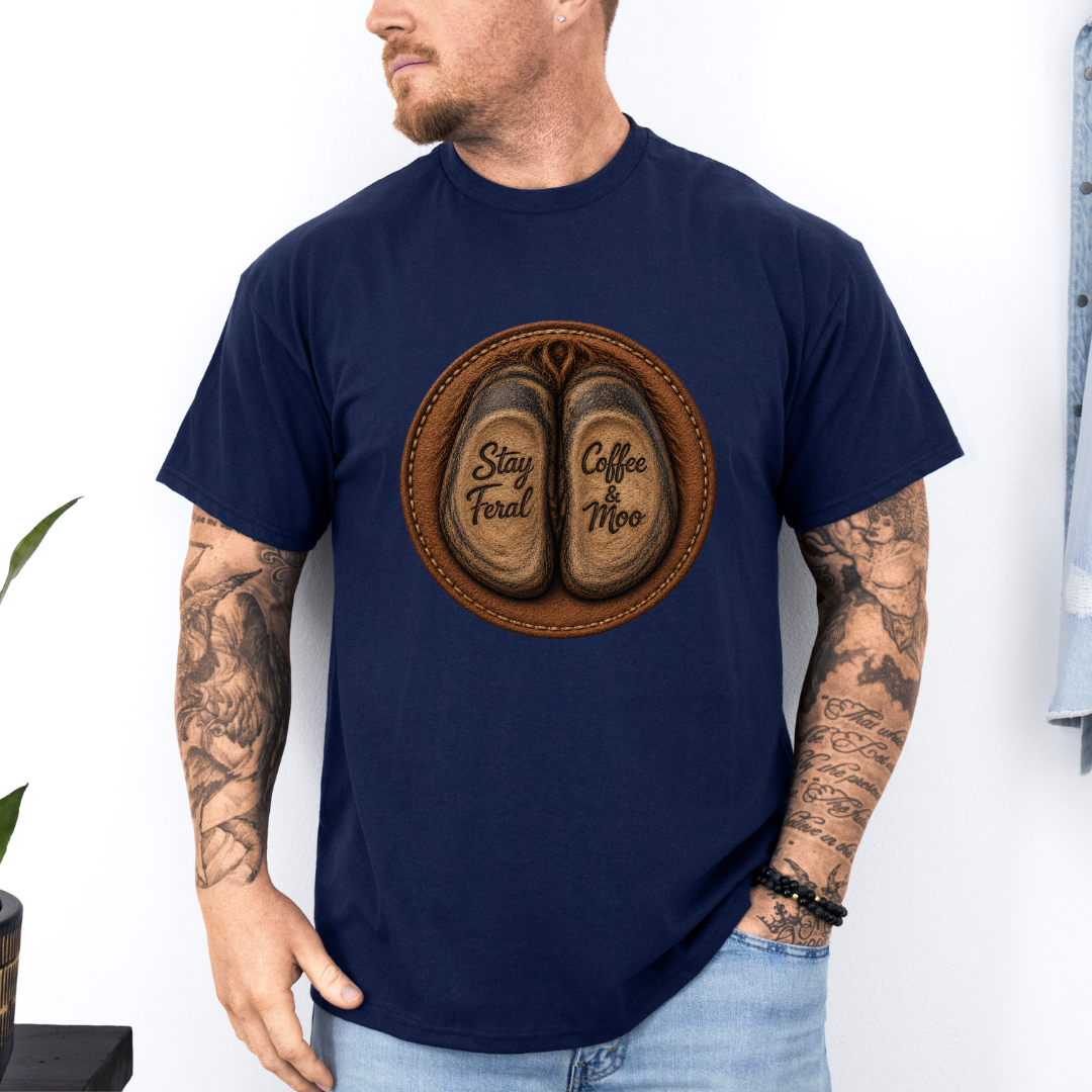 A man wearing a navy short-sleeve graphic t-shirt with a circular print of two brown cow hooves reading 'Stay Feral' and 'Coffee Moo'.  Grab your official Coffee & Moo brand tee from Coffee and Moo NZ.