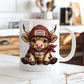 Mug with a cartoon highland cow wearing a 'Coffee Lover' hat and drinking from a cup on a kitchen counter. from Coffee and Moo.