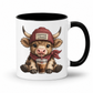 A white ceramic coffee mug with a black interior and handle, featuring a cartoon Highland cow wearing a red beanie that says 'COFFEE LOVER' and holding a drink. from Coffee and Moo.
