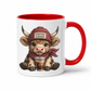 A white ceramic coffee mug with a red interior and red handle, featuring a cartoon illustration of a fluffy brown cow wearing a red beanie that says 'COFFEE LOVER' and drinking from a cup with a straw. from Coffee and Moo.