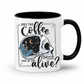 while mug with a black handle and inner with a graphic on it that features a skull with one half showing a starry night sky with a crescent moon and a skeleton holding a coffee, accompanied by the text 'DOES THIS Coffee MAKE ME LOOK alive?'. Grab yours from Coffee and Moo NZ.
