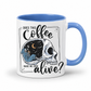 while mug with a blue handle and inner with a graphic on it that features a skull with one half showing a starry night sky with a crescent moon and a skeleton holding a coffee, accompanied by the text 'DOES THIS Coffee MAKE ME LOOK alive?'. Grab yours from Coffee and Moo NZ.