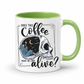 while mug with a green handle and inner with a graphic on it that features a skull with one half showing a starry night sky with a crescent moon and a skeleton holding a coffee, accompanied by the text 'DOES THIS Coffee MAKE ME LOOK alive?'. Grab yours from Coffee and Moo NZ.