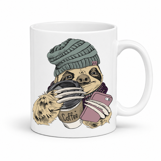 A white ceramic coffee mug featuring a cute cartoon sloth wearing a green knit beanie and holding a coffee cup and a pink phone. Grab your mug from Coffee and moo NZ.
