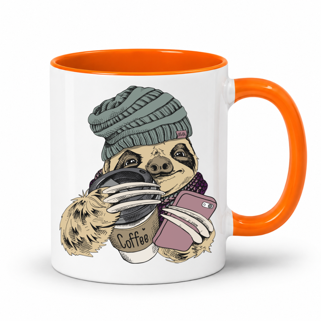 A white ceramic coffee mug with a bright orange handle and interior. The front features a cartoon illustration of a sloth wearing a green knit beanie and scarf, holding a coffee cup and a pink smartphone. Grab your mug from Coffee and moo NZ.