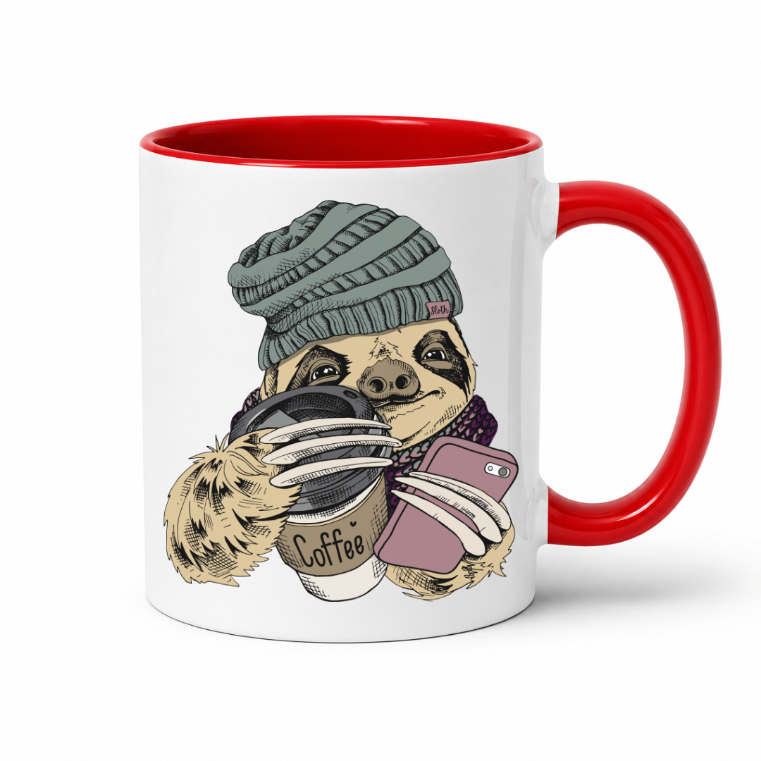 A white ceramic coffee mug with a red interior and red handle, featuring a cartoon sloth wearing a knit beanie and holding a coffee cup and a phone. Grab your mug from Coffee and moo NZ.