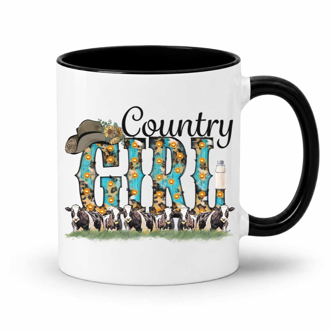A white ceramic coffee mug with a black interior and handle, featuring a 'Country Girl' graphic design with a cowboy hat, sunflowers, cows, and a milk bottle.  From Coffee and Moo NZ