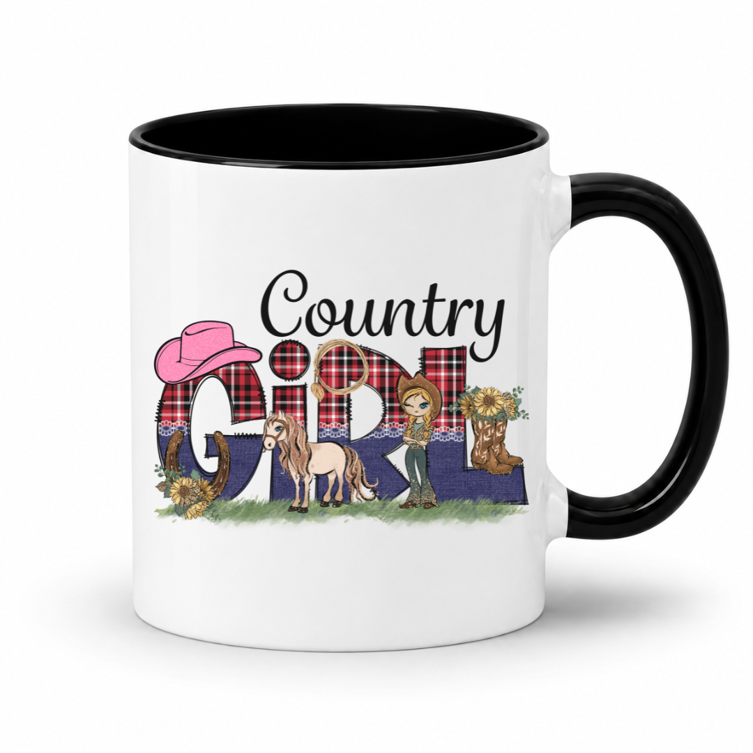 A white ceramic mug with a black interior and handle, featuring a 'Country Girl' graphic design on the front with a pink cowboy hat, plaid pattern, horse, boots and cowgirl illustrations. From Coffee and Moo NZ.