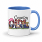 A white ceramic mug with a blue interior and handle, featuring a colorful 'Country Girl' graphic with a pink cowboy hat, plaid pattern, horse, boots, and western illustrations. From Coffee and Moo NZ.