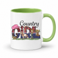 A white ceramic coffee mug with a light green interior and handle, featuring a 'Country Girl' graphic with a pink cowboy hat, plaid lettering, and western-themed illustrations. From Coffee and Moo NZ.