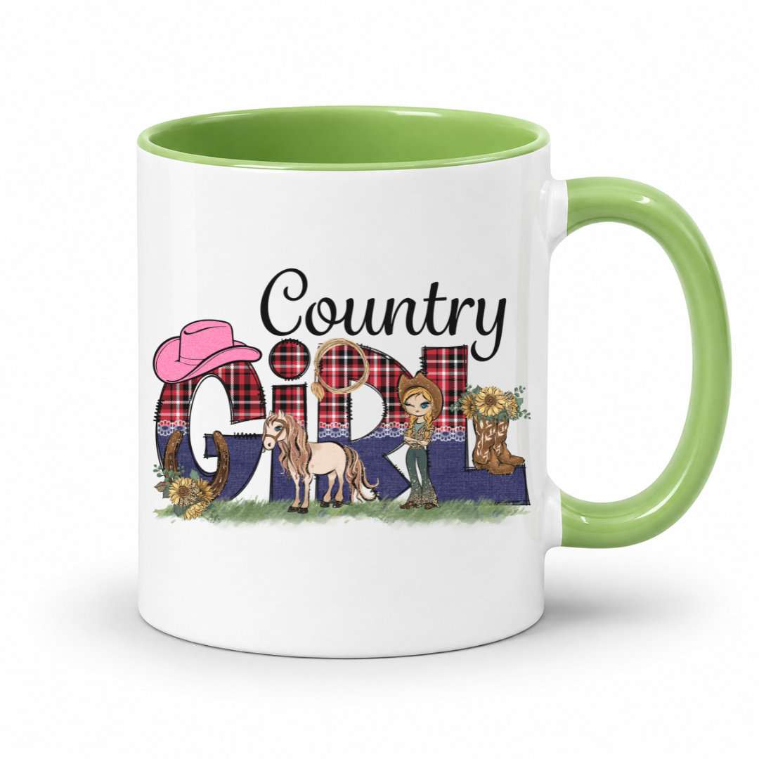 A white ceramic coffee mug with a light green interior and handle, featuring a 'Country Girl' graphic with a pink cowboy hat, plaid lettering, and western-themed illustrations. From Coffee and Moo NZ.