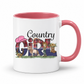 A white ceramic mug with a pink interior and handle, featuring a 'Country Girl' graphic design on the front with a cowboy hat, plaid pattern, horse, cowgirl and boots. From Coffee and Moo NZ.
