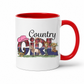 A white ceramic coffee mug with a red interior and red handle, featuring a 'Country Girl' graphic with a cowboy hat, plaid pattern, boots, and western-themed illustrations. From Coffee and Moo NZ.