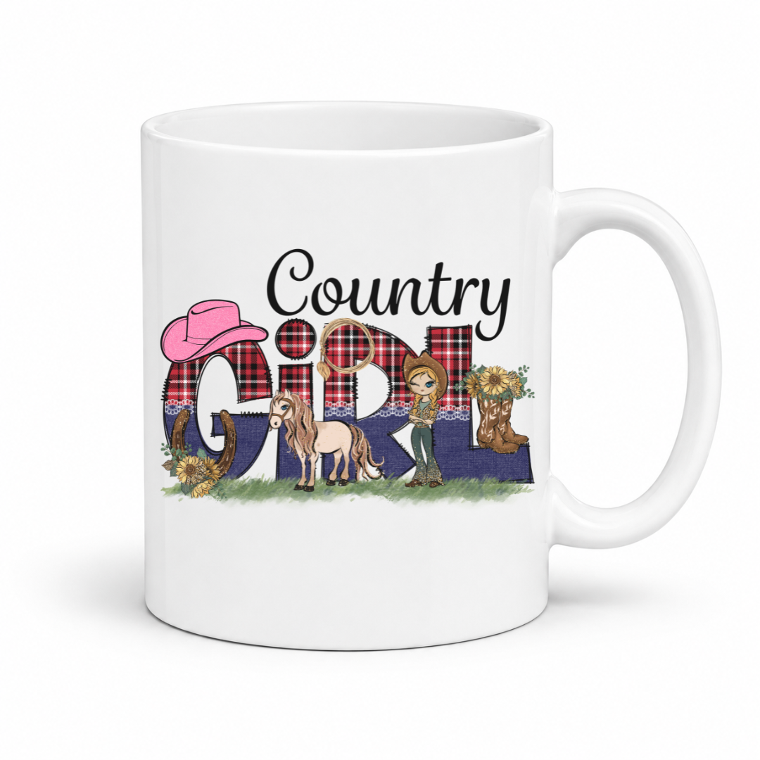 A white ceramic coffee mug with a 'Country Girl' graphic design featuring a pink cowboy hat, plaid 'GIRL' letters, a horse, a cowgirl boots, and a cowgirl, set against a plain white background. From Coffee and Moo NZ.