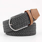 grey woven belt with a brown faux leather trim and silver buckle on a white background. Purchase from Coffee and Moo