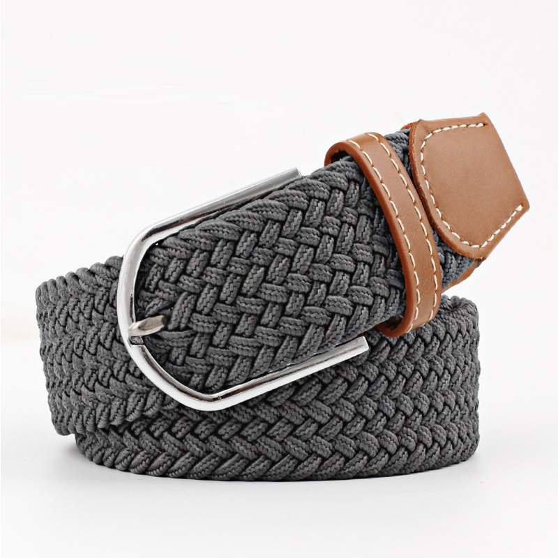 grey woven belt with a brown faux leather trim and silver buckle on a white background. Purchase from Coffee and Moo