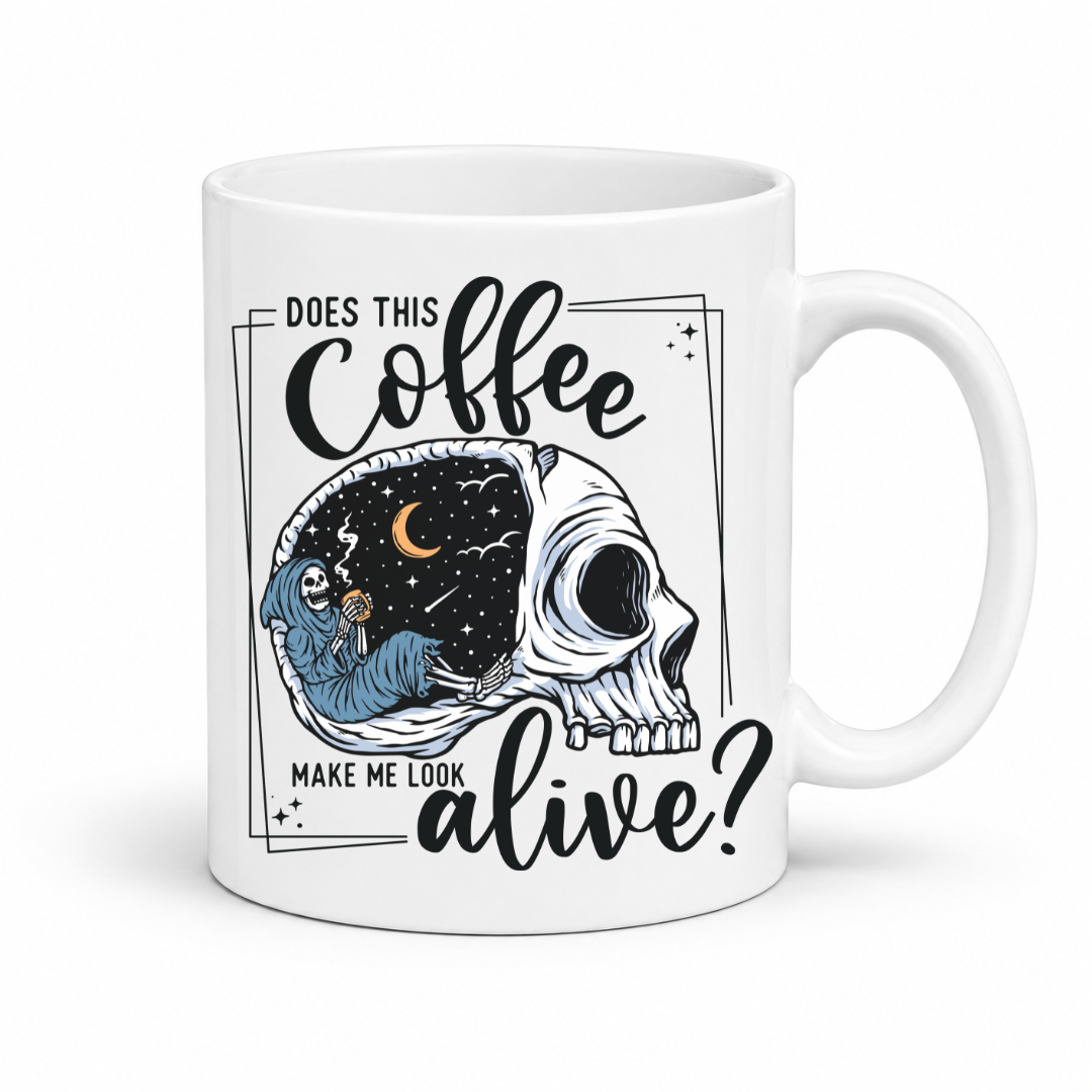 Does This Coffee Make Me Look Alive Sarcastic Mug showing a detailed skull and tiny grim reaper under a starry sky, from Coffee and Moo NZ.