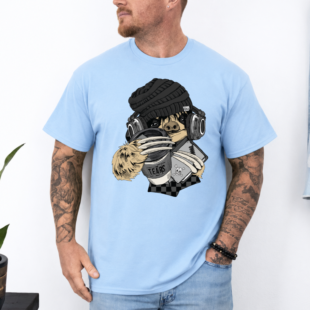 A man wearing a baby blue coloured short-sleeve graphic t-shirt with a stylized Emo sloth wearing a beanie, headphones, and holding a coffee cup with the word "TEARS" on it. Grab your tee from Coffee and Moo NZ.